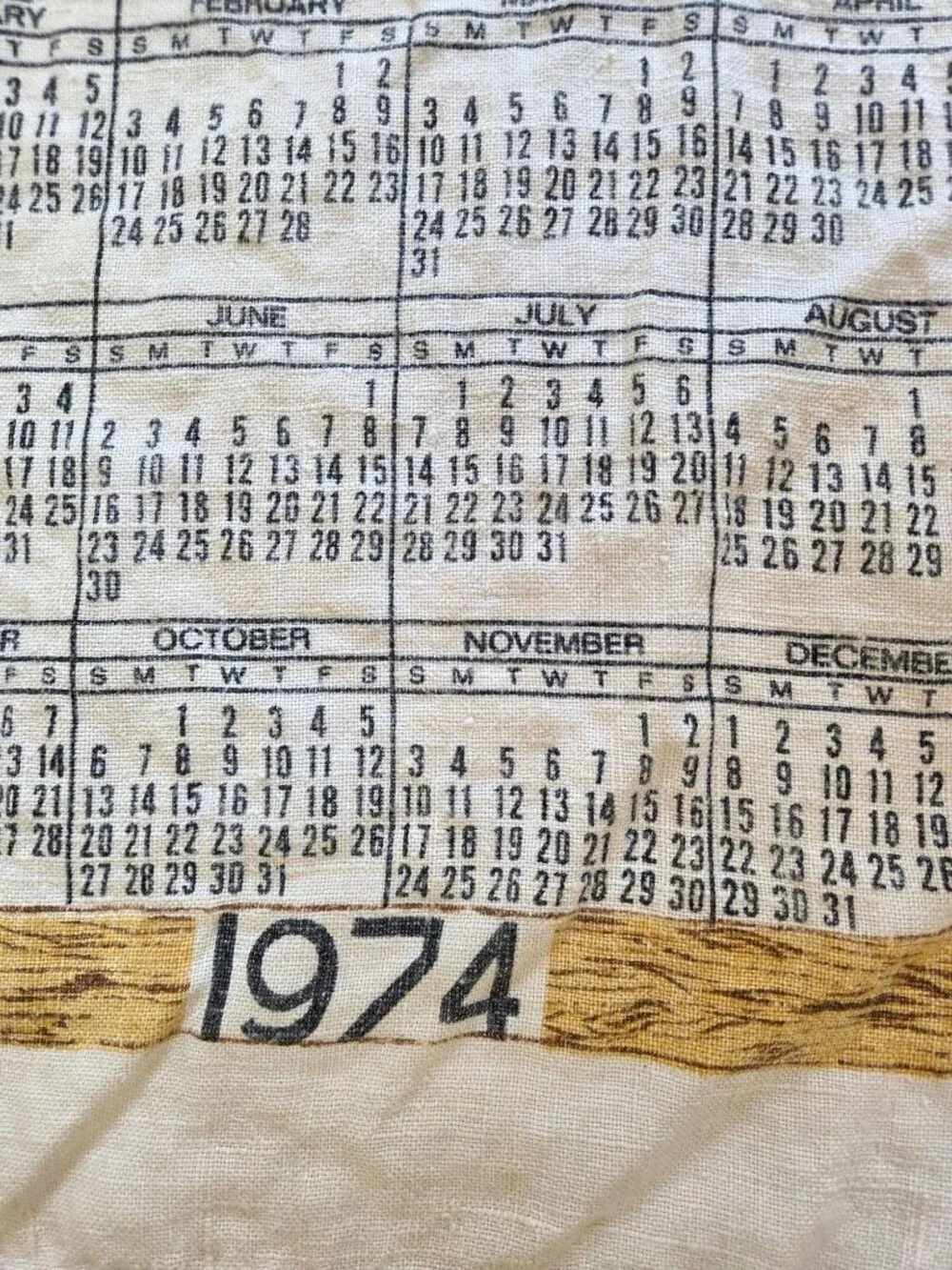Vtg Linen Calendar Tea Towel 1974 Mountain Lake Scene Wall Hanging Cottage Core